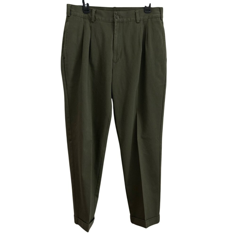Cabelas Mens Green Cotton Pleated Casual Pants Size 34x30 Business Office